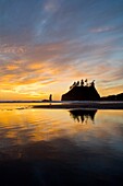 Reflektierter Sonnenuntergang im Gezeitentümpel am Second Beach; Olympic National Park, Washington State, Usa