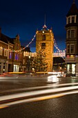 Old Town Decorated At Christmas, Night; Morpeth, Northumberland, England