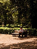 Mittelgroßer Mann liest ein Buch in einem öffentlichen Park nahe der Villa Borghese; Rom, Italien