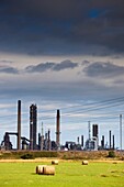 A Refinery With Hay Bales In The Foreground