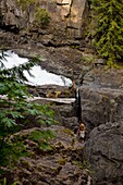 Person am Wasserfall, Elk Falls Provincial Park, Britisch-Kolumbien, Kanada