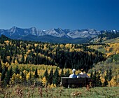 Park Bench Overlooking Rocky Mountains, Kananaskis, Alberta, Canada