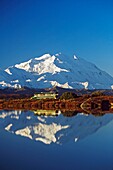 Visitor Bus Passes Along Tundra Pond With Reflection Of Mount Mckinley; Alaska,Usa