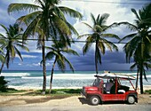 Menschen im Jeep mit Surfbrettern an der Küste von Barbados
