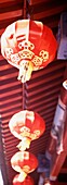 Red Lanterns Hanging From Roof, Close-Up