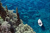 View Of Boat In Water Off Coastline, Aerial View