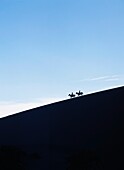 Silhouettierte Reiter in der Abenddämmerung auf einer Sanddüne im Valle De La Muerte