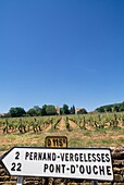 Burgundische Weinberge mit Straßenschild