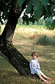 Junges Mädchen im Walnussbaum sitzend