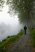 Man Walking Along The Nantes Brest Canal On A Misty Morning