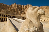 Falkenstatue flankiert Treppe zum Totentempel der Hatschepsut oder Deir El-Bahri