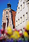 Bayerischer Uhrenturm durch Blumen gesehen