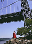Kleiner roter Leuchtturm unter der Brücke