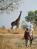 Frauen auf Wandersafari mit Blick auf eine Giraffe