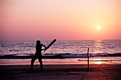 Mann spielt Kricket am Strand von Patnem