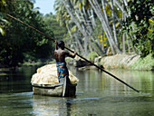 Mann steuert ein mit Kokosnüssen gefülltes Boot in den Backwaters