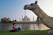 Camel In Front Of Woman Sitting On Rucksack Admiring The Taj Mahal