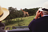 Zwei Touristen betrachten eine Giraffe auf Safari