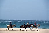 Touristen reiten auf Pferden am Strand