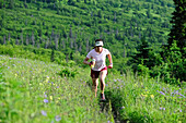 Joggerin läuft auf dem Near Point Trail im Chugach State Park in der Nähe von Anchorage, Süd-Zentral-Alaska, Sommer