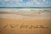 I Love Brazil Written In The Sand At Praia Do Boldro; Fernando De Noronha Pernambuco Brazil