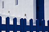 Santorini blue and white fence and stairs; Imerovigli cyclades greece