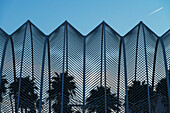 Silhouetten von Palmen im Umbracle in der Stadt der Künste und Wissenschaften in der Abenddämmerung; Valencia, Spanien