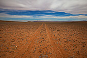 Tire tracks in the dirt on a desert landscape; Klein-aus vista namibia