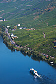 Boote im Fluss in der Nähe von Bernkastel-Kues, einer Weinregion im Moseltal; Rheinland-Pfalz, Deutschland