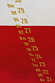 Zahlen in aufsteigender Reihenfolge auf einer rot-weißen Wand; Hamburg, Deutschland
