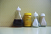 Condiments Lined Up On A Restaurant Table; London, England