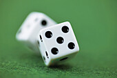 Pair Of White Dice Rolling On Green Felt