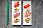 A sushi platter with fresh fish and rice arranged carefully on the dish with garnishes. 