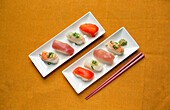 Sushi platter, a selection of raw fish and rice snacks with chopsticks. 
