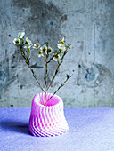Studio shot, a stem of small white flowers in a pink recycled plastic mesh vase. 
