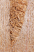 Stacked wrapped round hay bales in a field after harvest. 