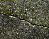 A crack in the paving, highlighted by white paint. 