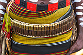 Africa, Ethiopia, Southern Omo, Karo Tribe. Detail of a Karo man's gun belt with bullets.