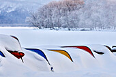 Japan, Hokkaido, Kussharo-See. Bunte Kanus im Schnee