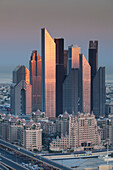 UAE, Downtown Dubai. Elevated view of skyscrapers on Sheikh Zayed Road from downtown