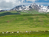 Sommerweide mit traditionellen Jurten. Die Suusamyr-Ebene, ein Hochtal im Tien-Shan-Gebirge, Kirgisistan