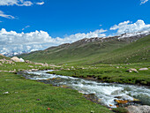 Landschaft mit Jurte am Otmok-Pass im Tien Shan- oder Himmelsgebirge, Kirgisistan