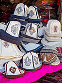 Kalpak (Al-Kalpak), the traditional felt hat of Kyrgyzstan. Jayma Bazaar, one of the greatest traditional markets in central Asia. City Osh in the Fergana Valley close to the border to Uzbekistan, Kyrgyzstan