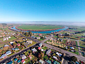 Kaitangata, and Clutha River, near Balclutha, Clutha District, South Otago, South Island, New Zealand, drone aerial