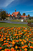 Flower beds and Bath House (Rotorua Museum), Government Gardens, Rotorua, North Island, New Zealand