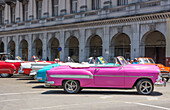 Havana, Cuba. Colorful classic 1950's cars on display near Capital for rent by tourists