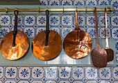 France, Giverny. Copper utensils in kitchen of Monet's house
