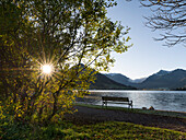 Sonnenaufgang am Schliersee und im Dorf Schliersee in den Bayerischen Alpen im Herbst, Bayern, Deutschland