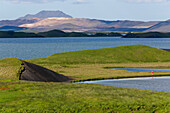 Europe, North Iceland, Lake Myvatn. Evidence of lava flows around Lake Myvatn.