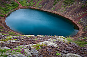 Iceland, Kerid, Deep blue lake contained in the Kerid crater. Iceland's Golden Circle.
